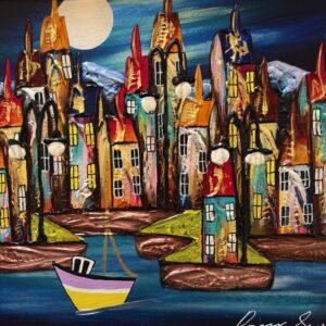 Nighttime Harbour - Solo Sailing by Rozanne Bell for sale at Wingates Gallery Market Harborough
